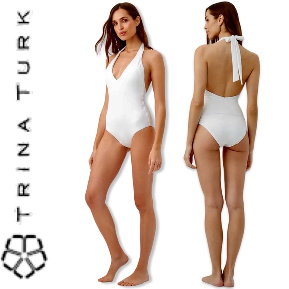 NWOT TRINA TURK Monaco Halter Plunge One Piece Swimsuit Sz 12 (fits 10) $172 - Picture 5 of 15